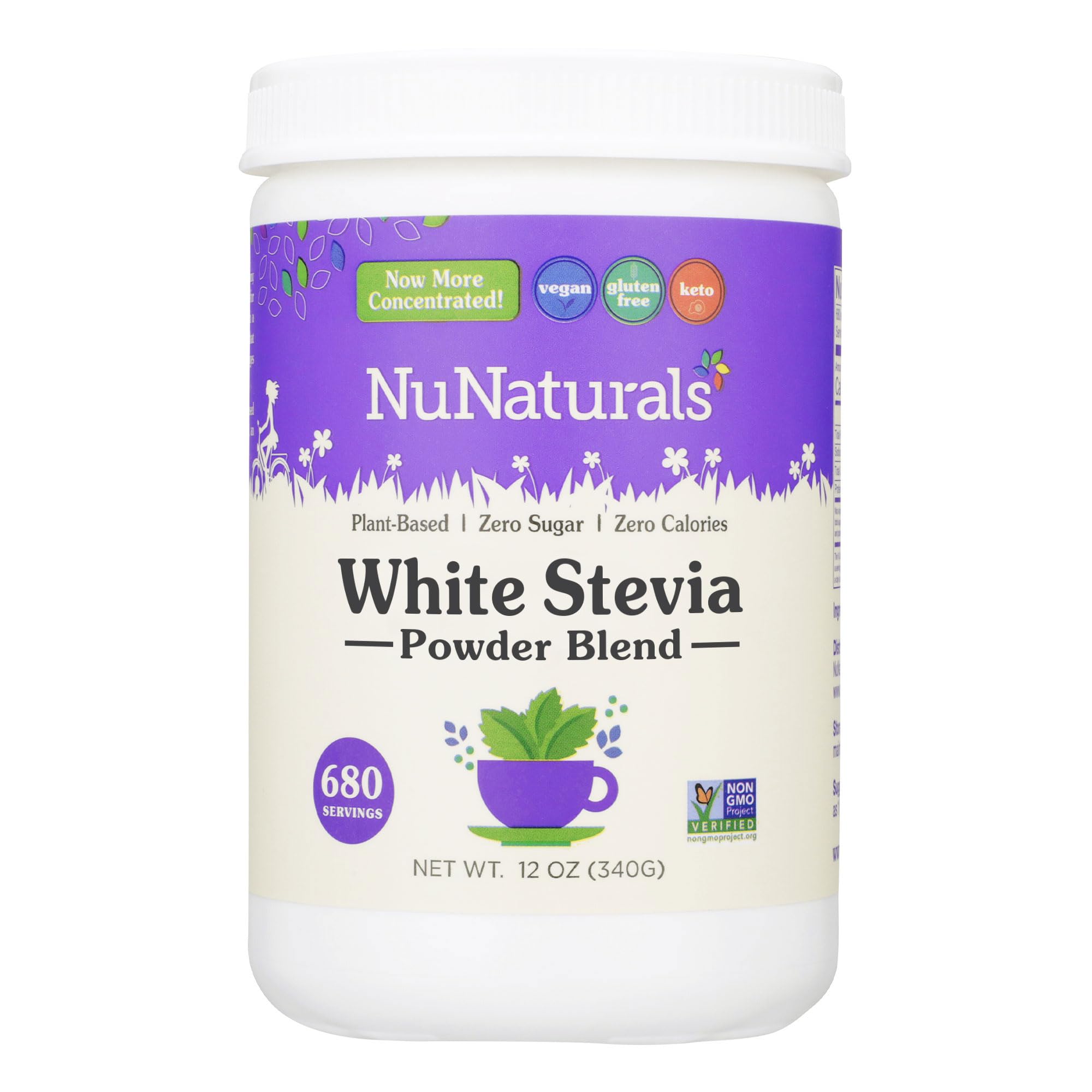 Nunaturals White Stevia Powder bottle for zero-calorie sweetness in drinks