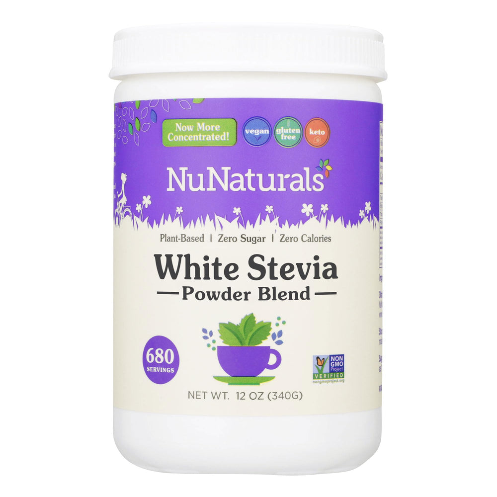 Nunaturals White Stevia Powder bottle for zero-calorie sweetness in drinks