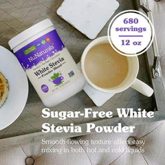 Nunaturals White Stevia Powder pour stream showing smooth flow for easy measuring