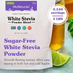 NuNaturals White Stevia Powder being poured for quick hot or cold dissolving.