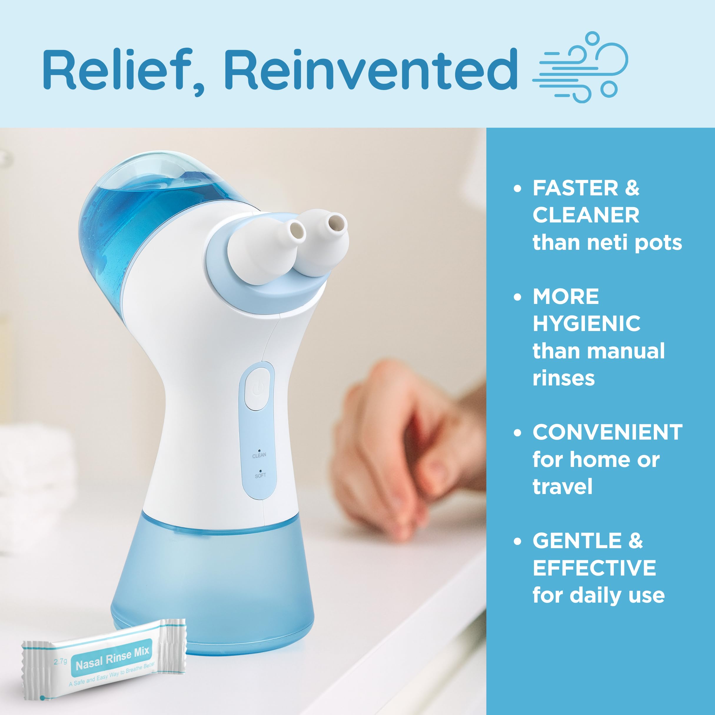 NUONNA in use demonstrates hands-on nasal cleansing and breathing comfort.