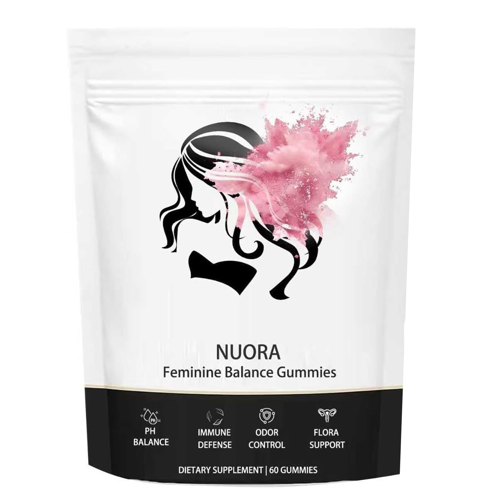 nuora Feminine Balance gummies bottle front showing pineapple flavor and 60-count jar for daily balance