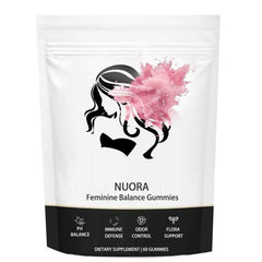 nuora Feminine Balance gummies bottle front showing pineapple flavor and 60-count jar for daily balance