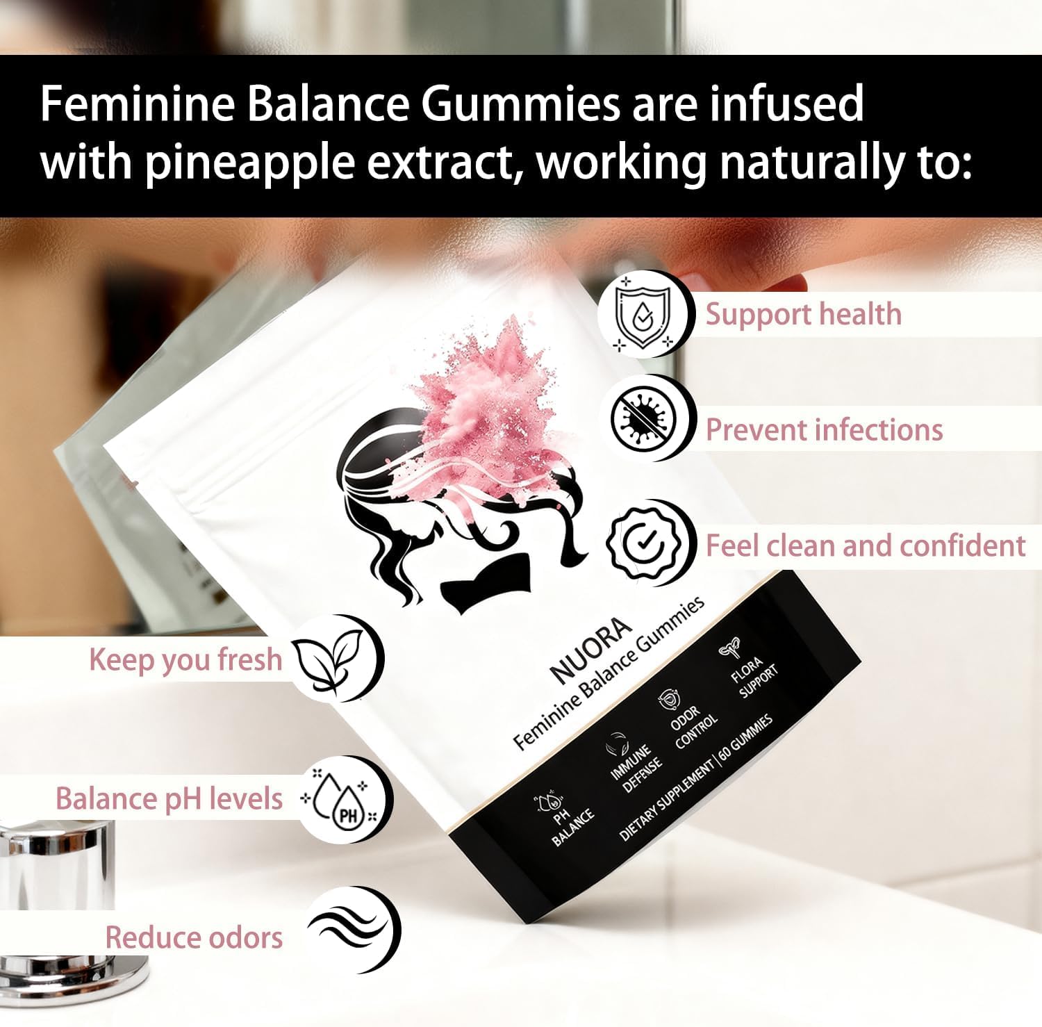 nuora Feminine Balance gummies bottle side view for convenient daily use
