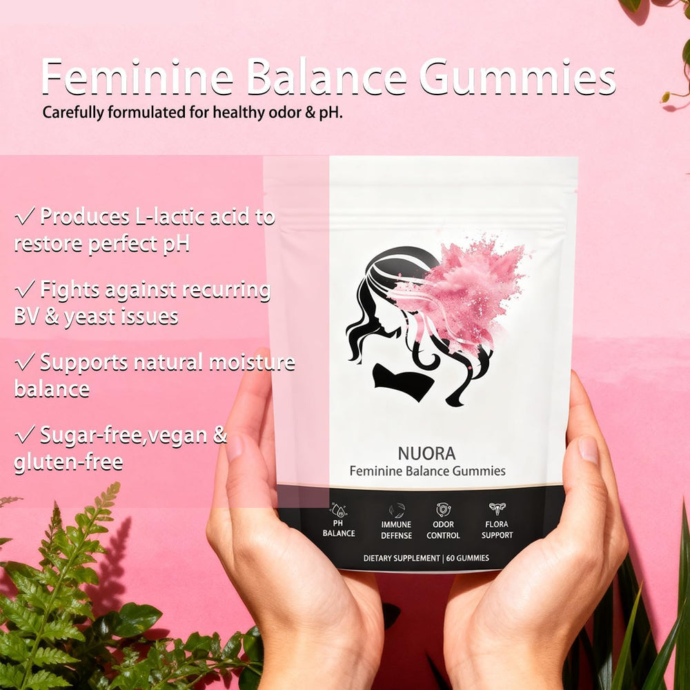 nuora Feminine Balance packaging highlighting vegan and gluten-free claims