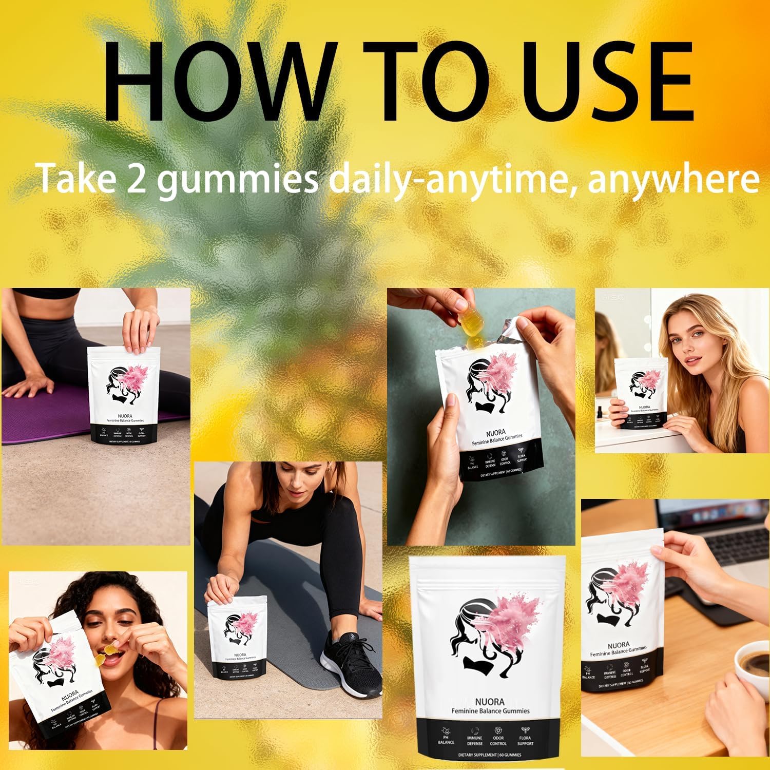 nuora vegan gluten-free badge and clean ingredient highlights