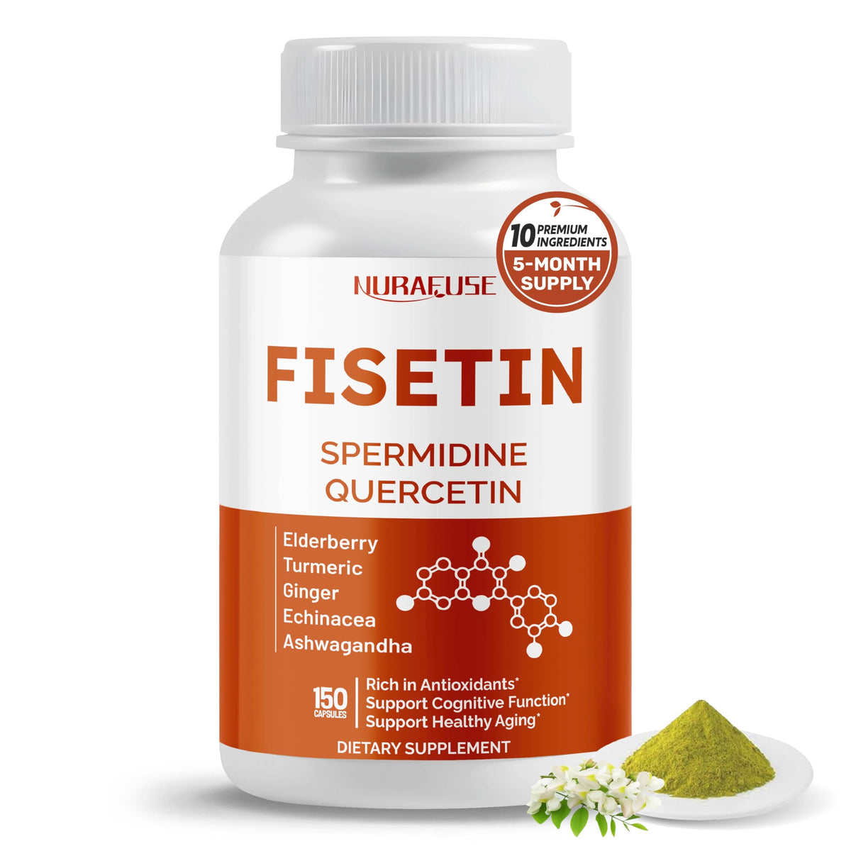 NURAFUSE Fisetin bottle illustrating a five-month supply for holistic wellness.