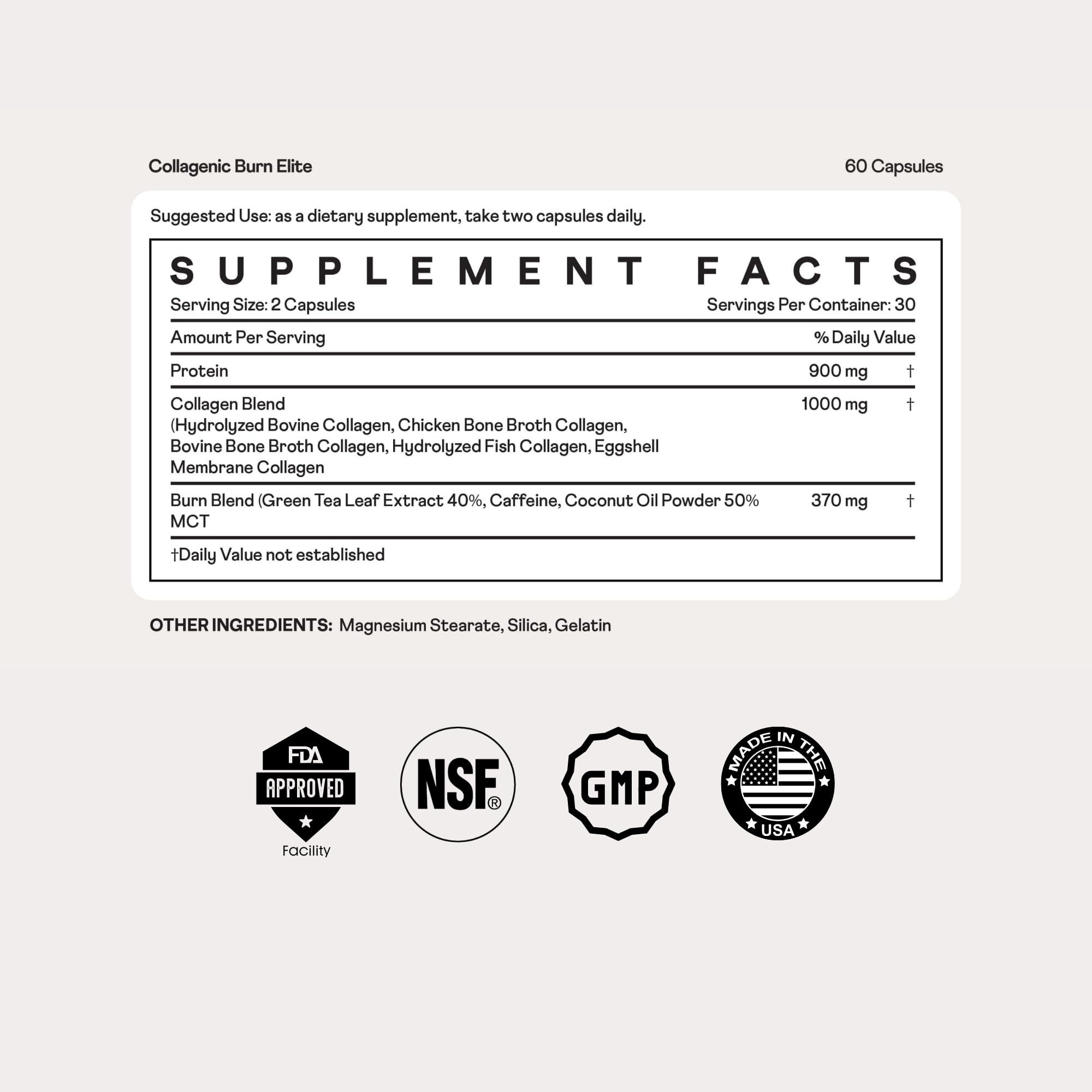 Packaging image shows Nuray Collagenic Burn Elite with 60 capsules.