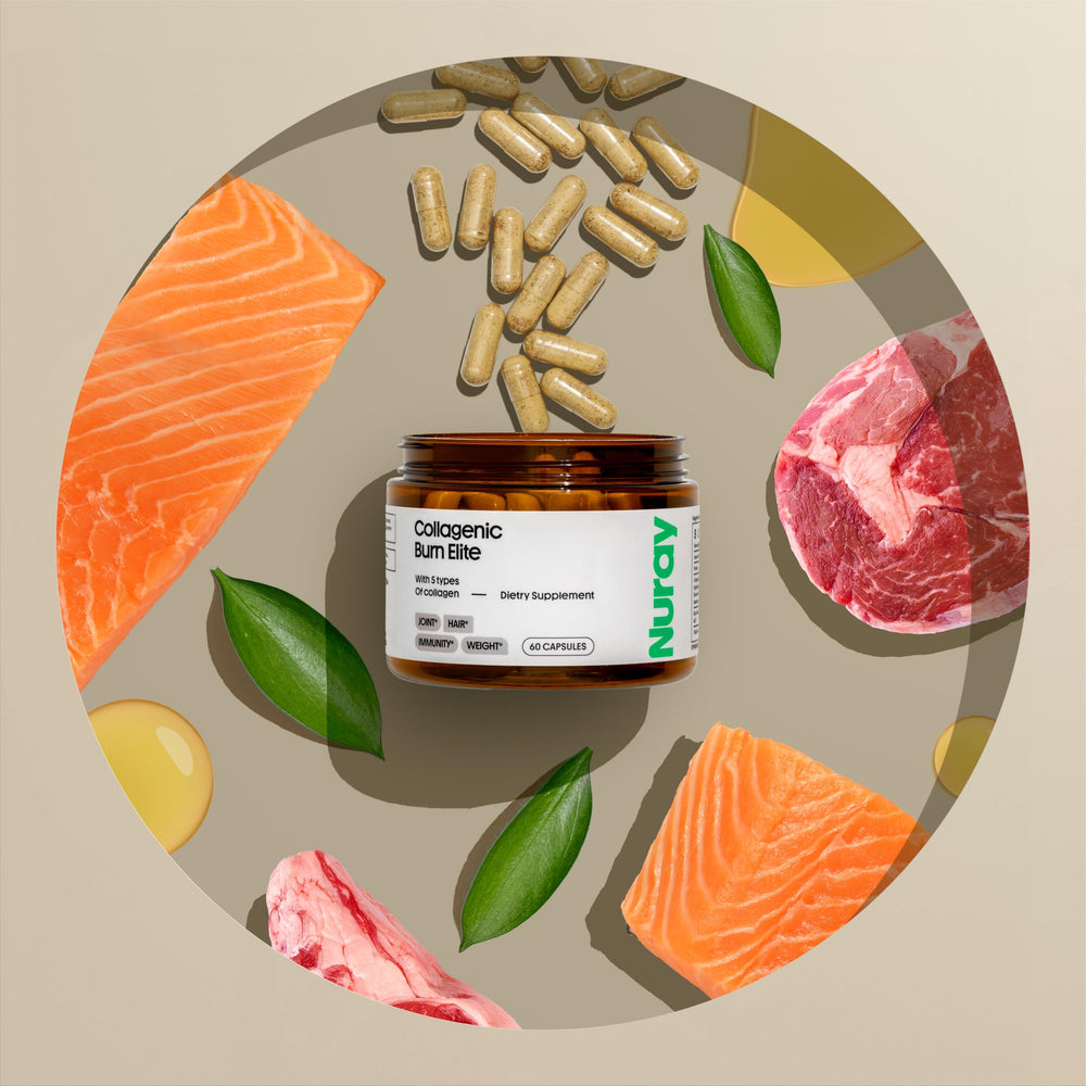Lifestyle shot featuring Nuray Collagenic Burn Elite as part of a wellness routine.