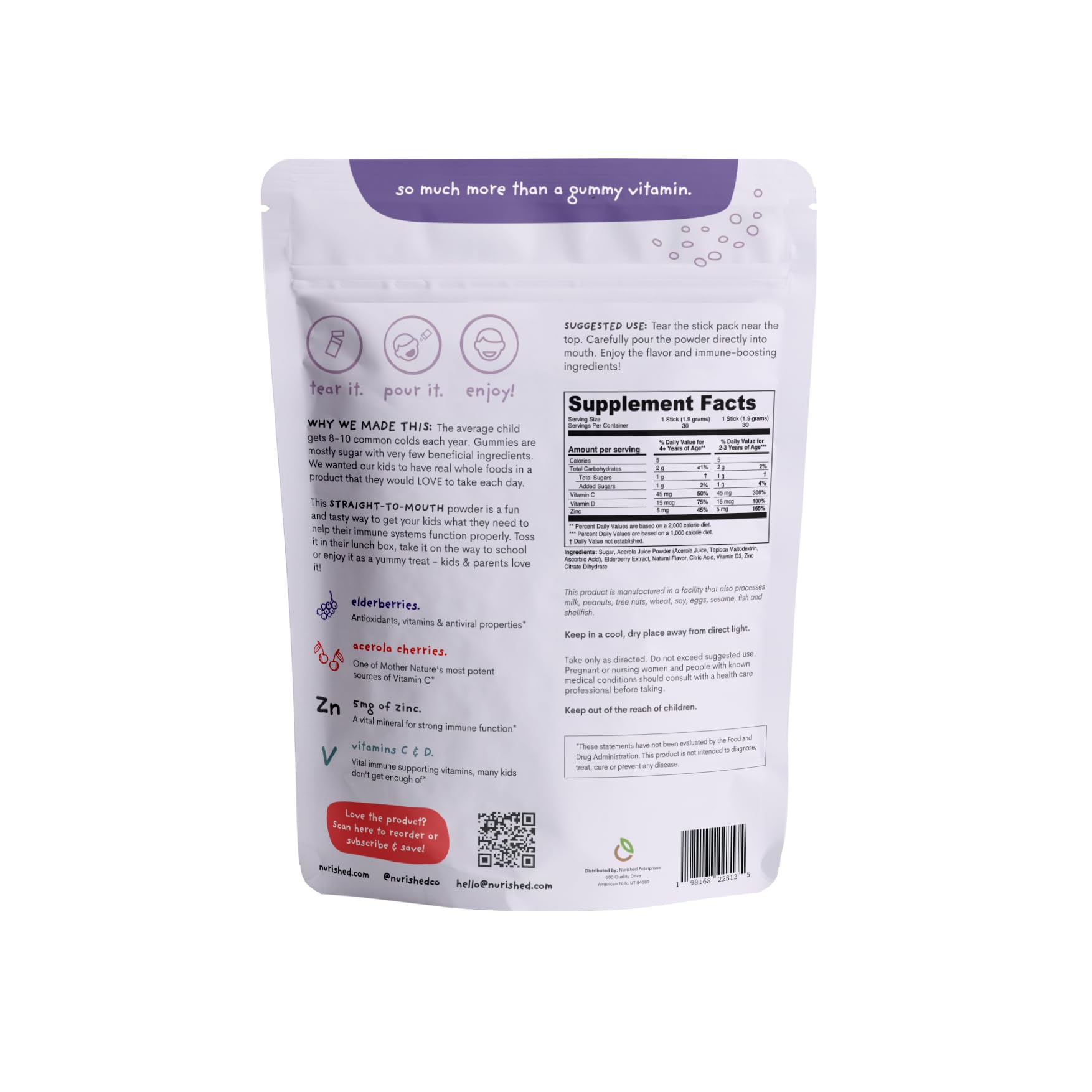 Nurished Kids Immune Booster acerola cherry powder rich in natural vitamin C.