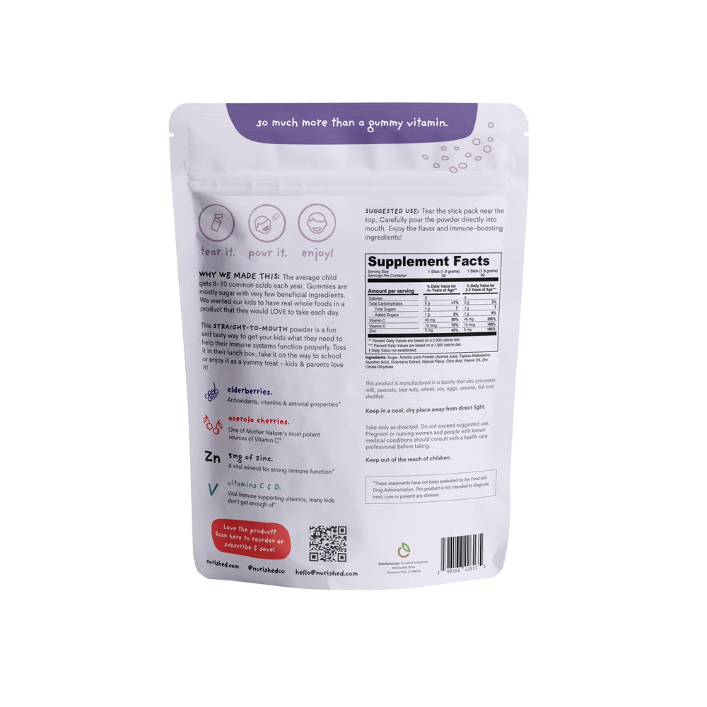 Nurished Kids Immune Booster acerola cherry powder rich in natural vitamin C.