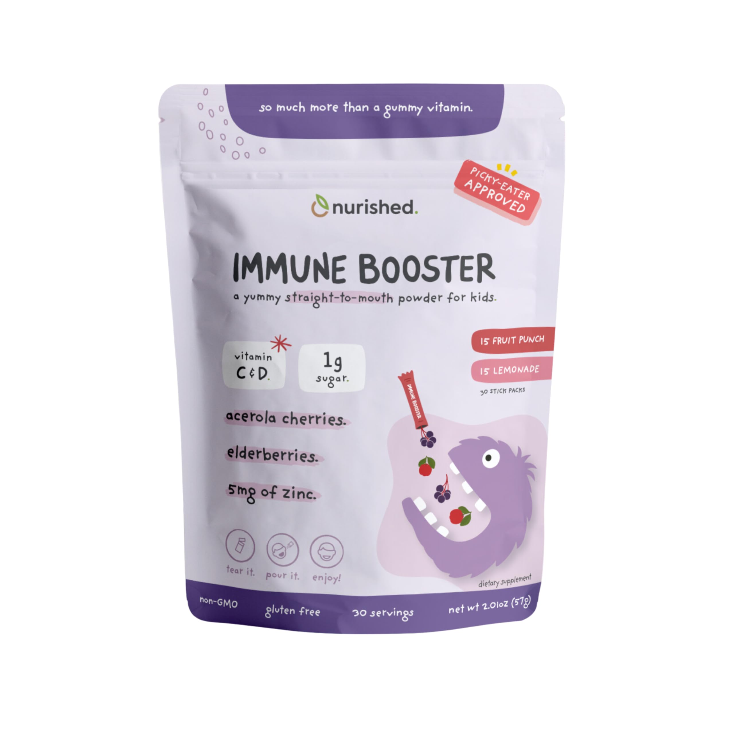 Nurished Kids Immune Booster elderberry powder pour for daily use.