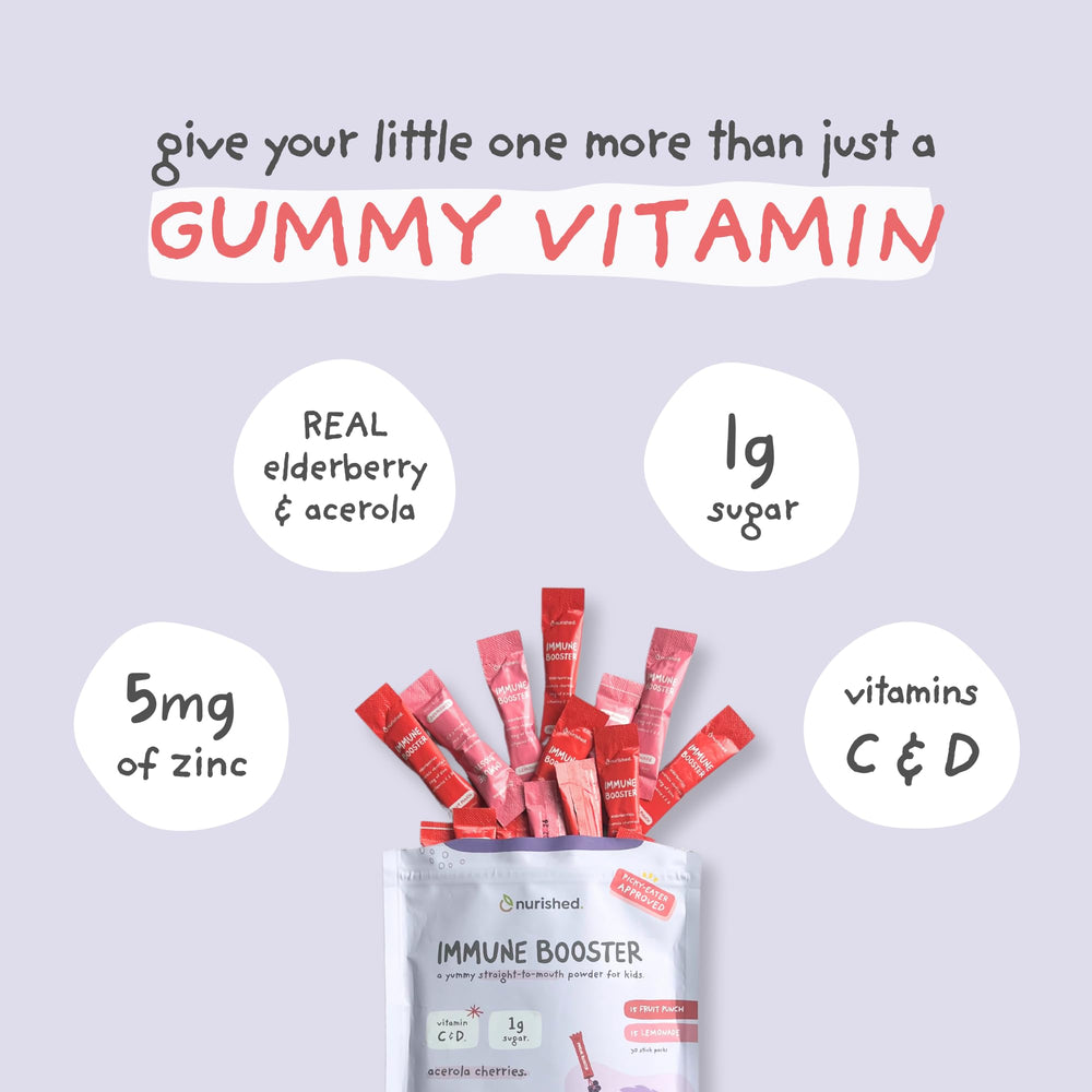 Nurished Kids Immune Booster lemonade stick pack ready for kid-friendly dosing.