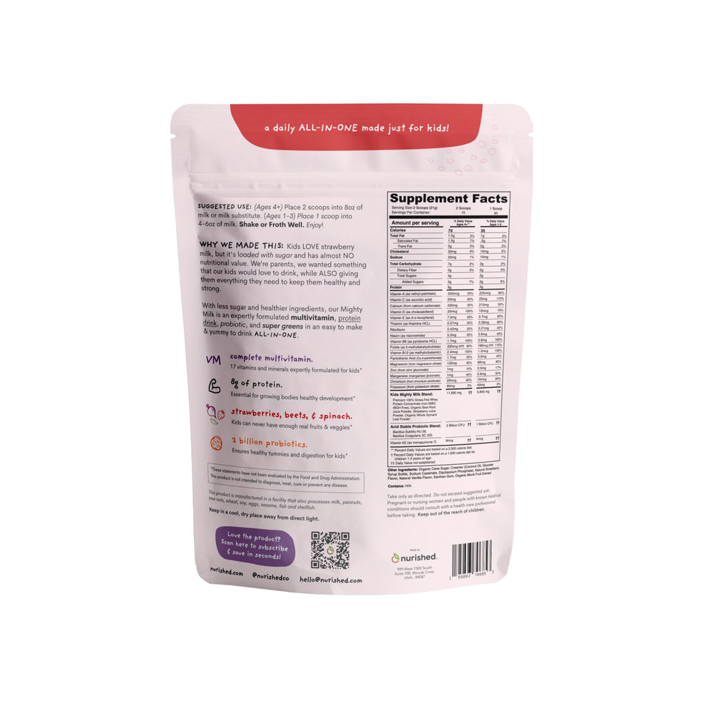 Nurished Mighty Strawberry Milk front-of-pack features spinach and probiotics for daily nutrition