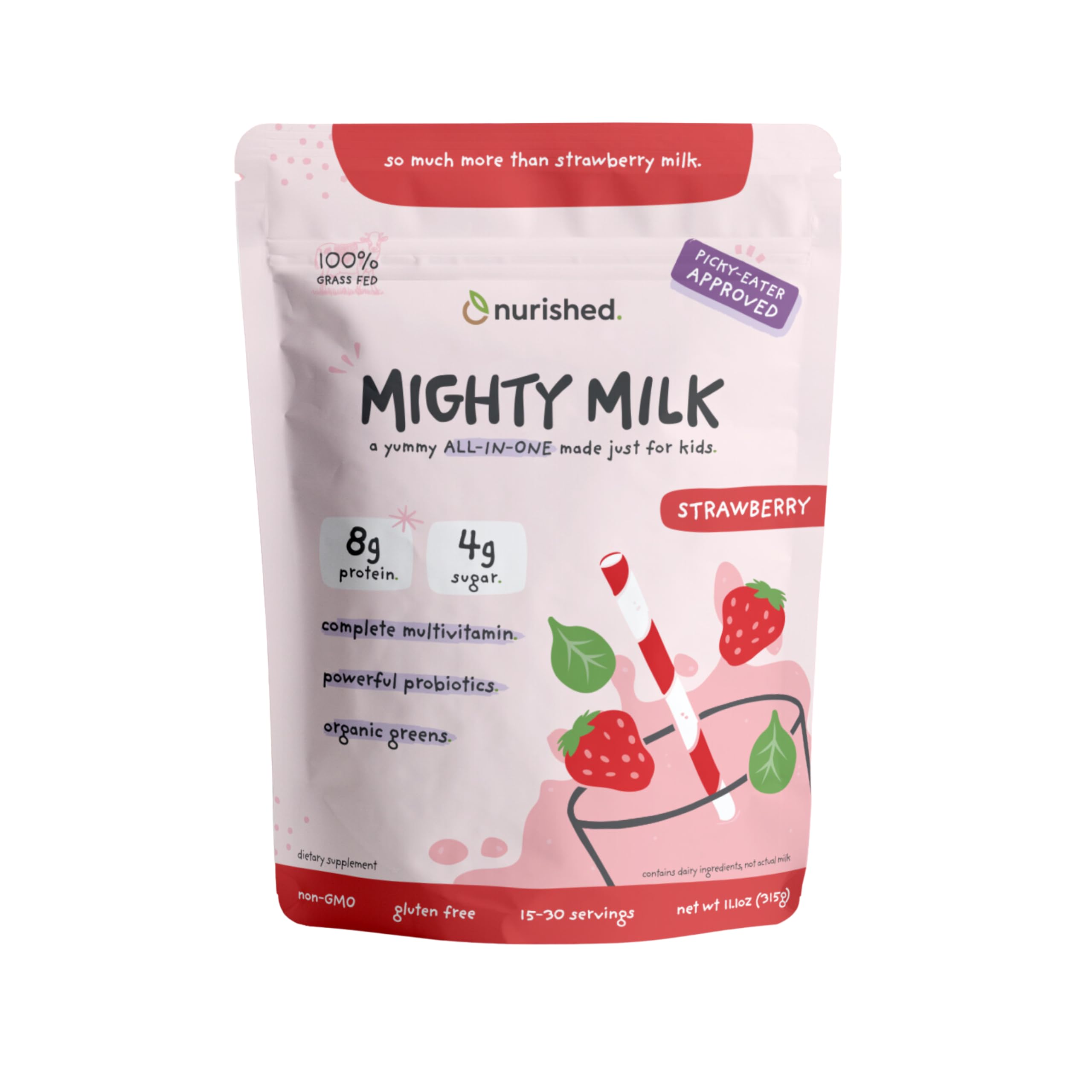 Nurished Mighty Strawberry Milk being poured into a glass for a kid-friendly protein boost