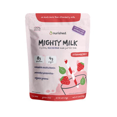 Nurished Mighty Strawberry Milk being poured into a glass for a kid-friendly protein boost
