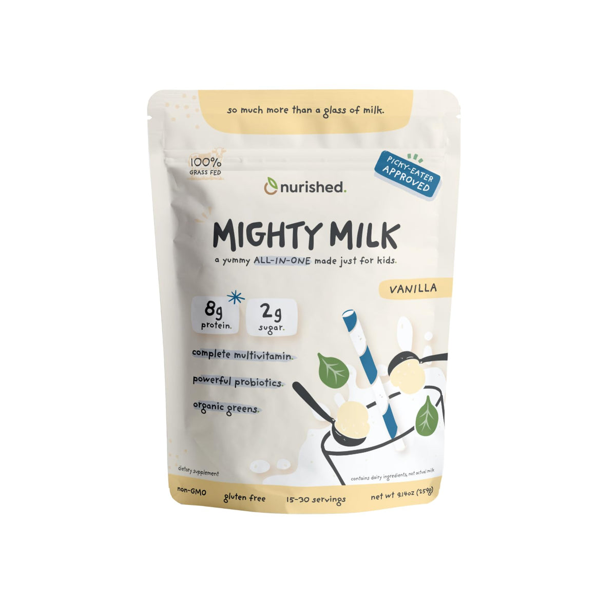 Nurished Vanilla Mighty Milk bottle closeup, protein-rich daily shake for kids