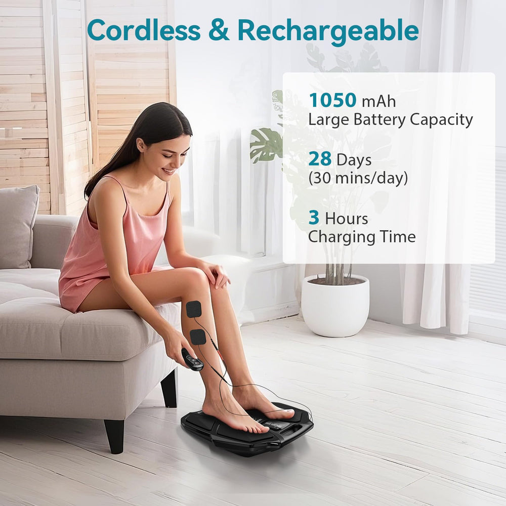 NURSAL EMS Foot Massager in action illustrates hands-free operation for seniors
