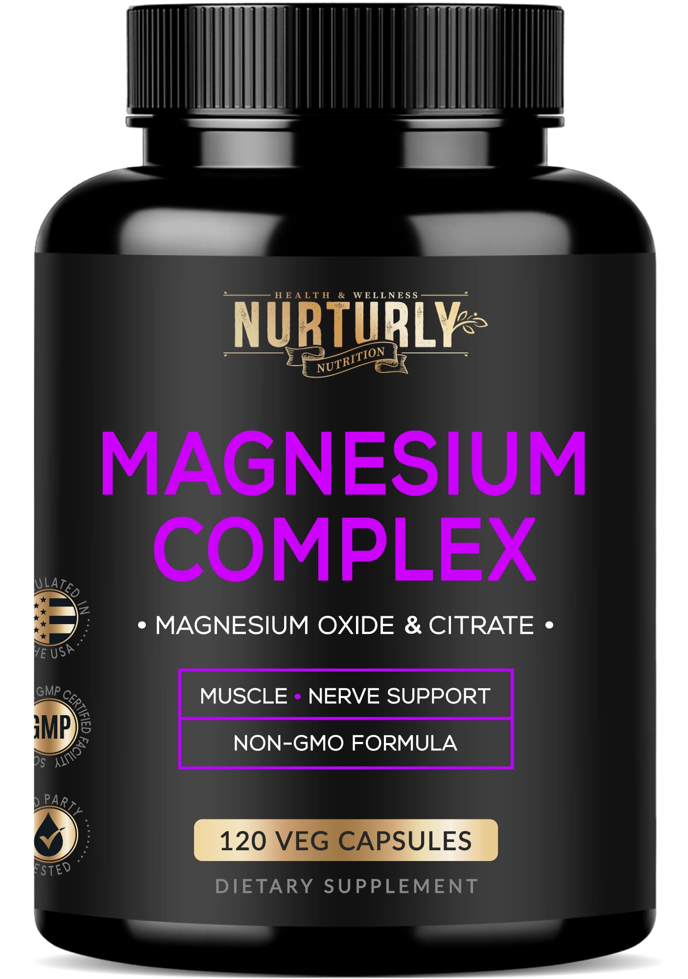 NURTURLY magnesium bottle front shows 500mg dosage for daily muscle and bone support.