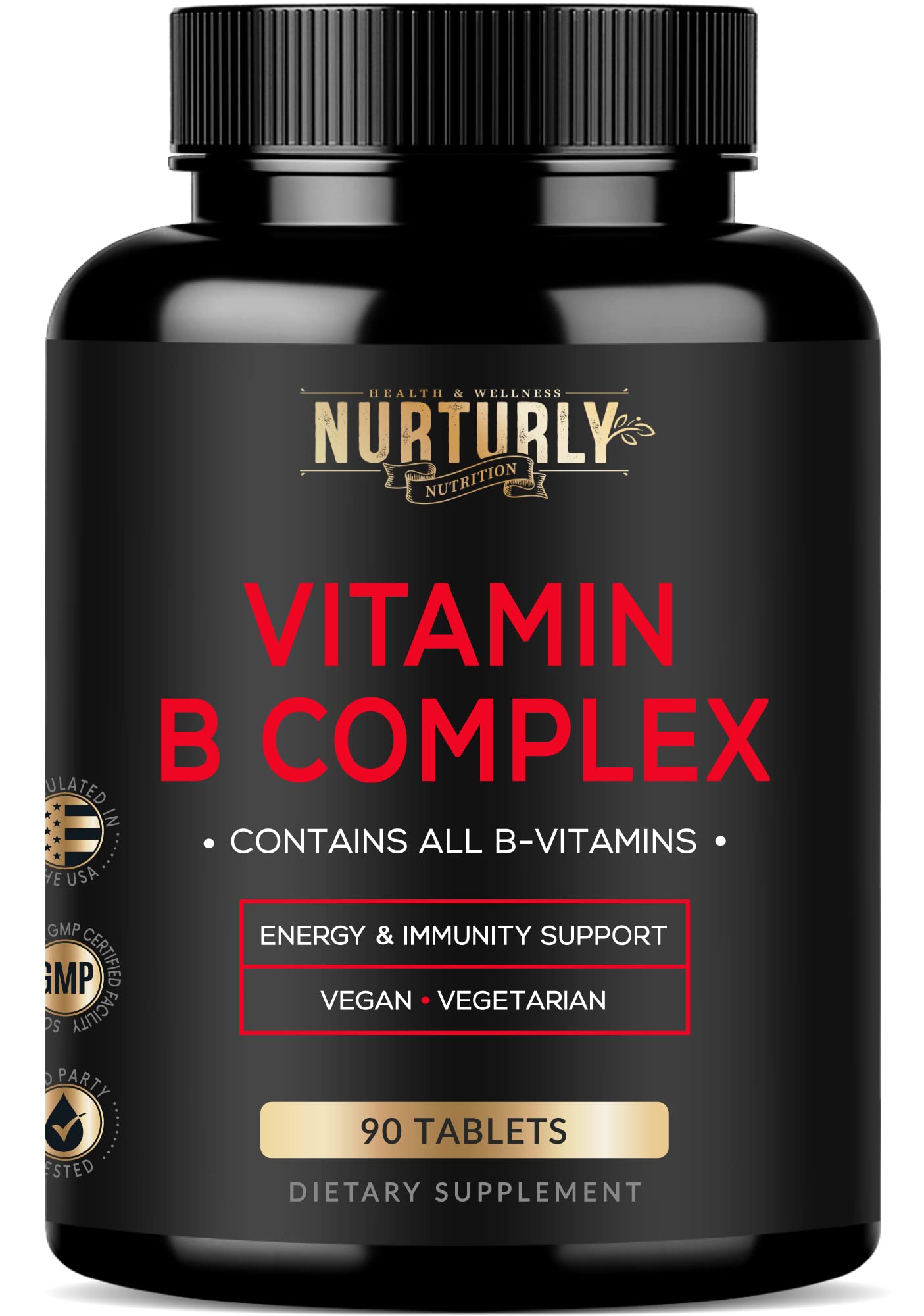NURTURLY Vitamin B Complex bottle front view shows essential vitamins for daily energy.