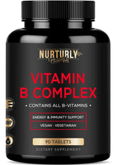 NURTURLY Vitamin B Complex bottle front view shows essential vitamins for daily energy.