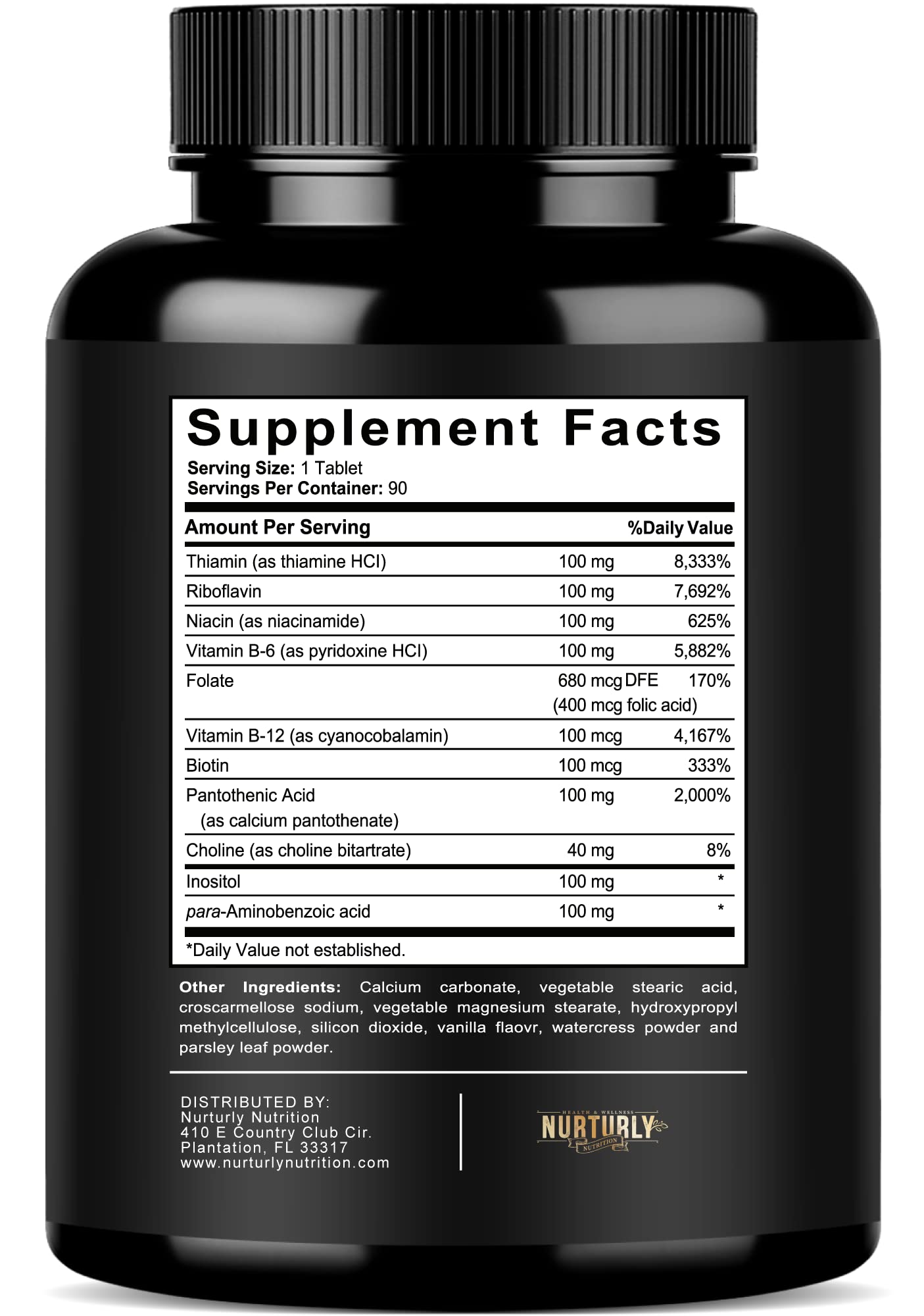 NURTURLY Vitamin B Complex capsules in blister pack for convenient daily supplementation.