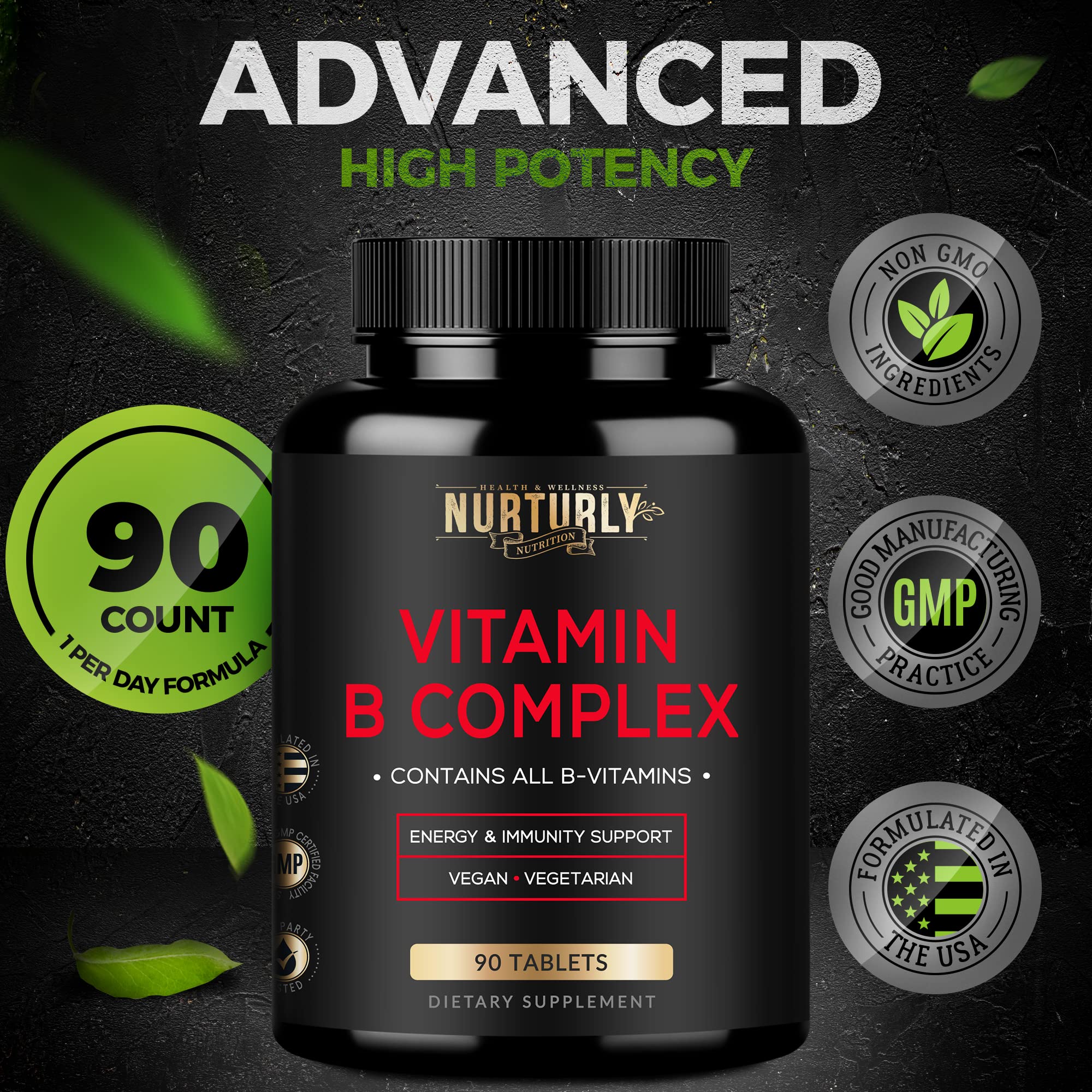 NURTURLY Vitamin B Complex nutrition label close-up emphasizes non-GMO and allergen-conscious formula.