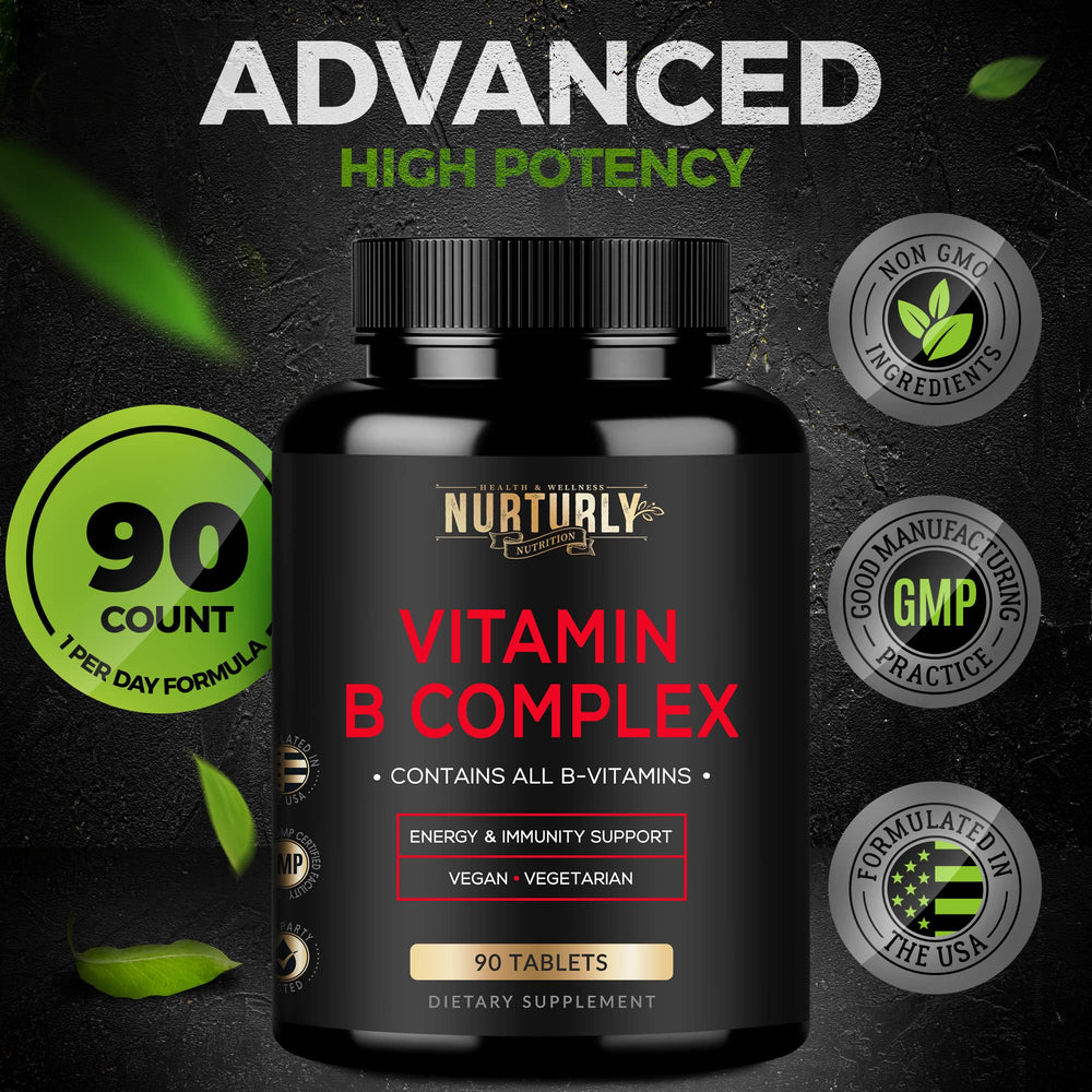 NURTURLY Vitamin B Complex nutrition label close-up emphasizes non-GMO and allergen-conscious formula.