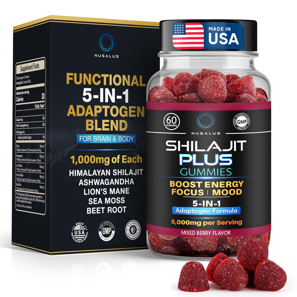 Nusalus Shilajit Plus Gummies front label for daily energy and focus.