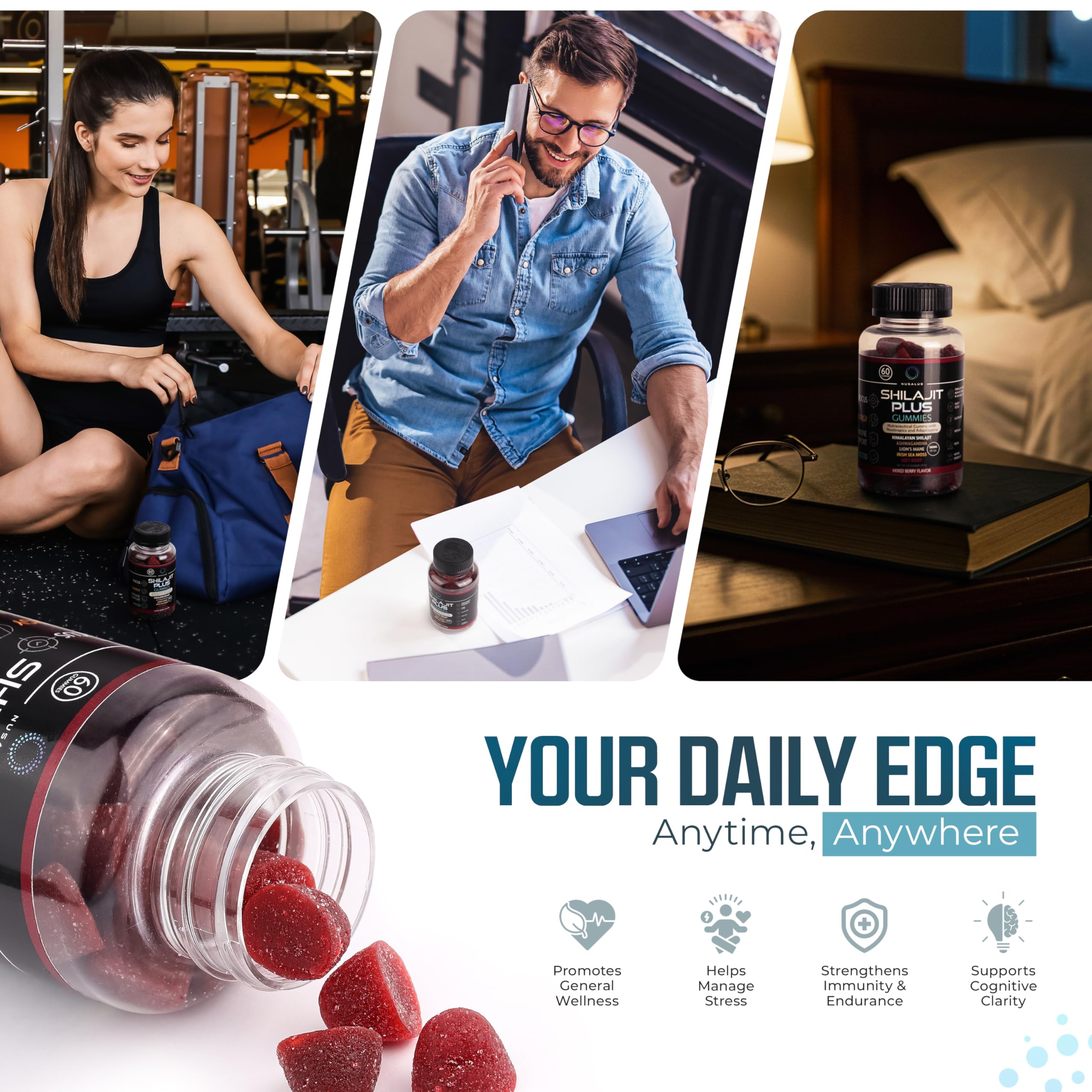 Ingredients panel featuring Shilajit and Lion’s Mane for focus.