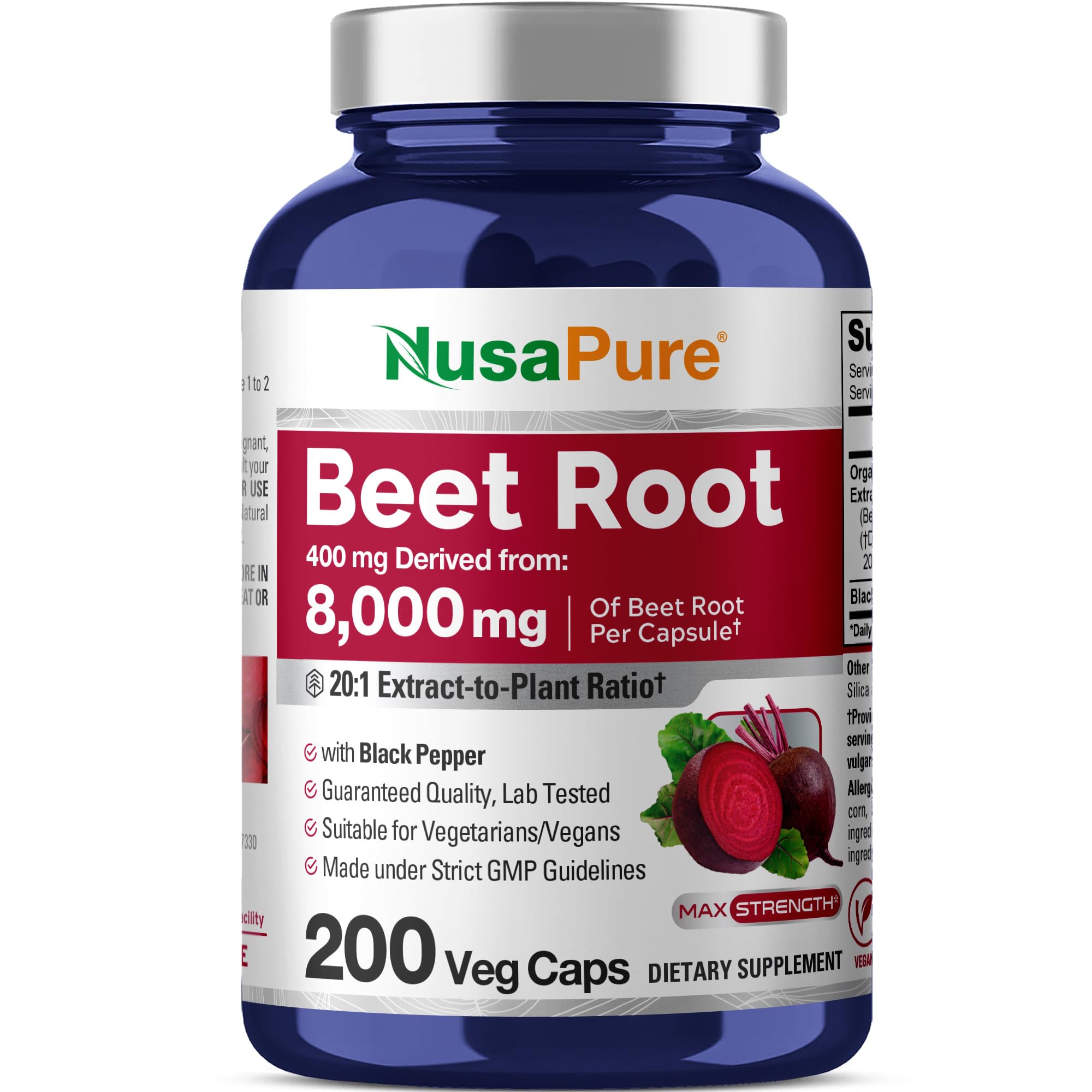 NusaPure Beet Root Extract bottle with capsules emphasizing high potency for daily wellness