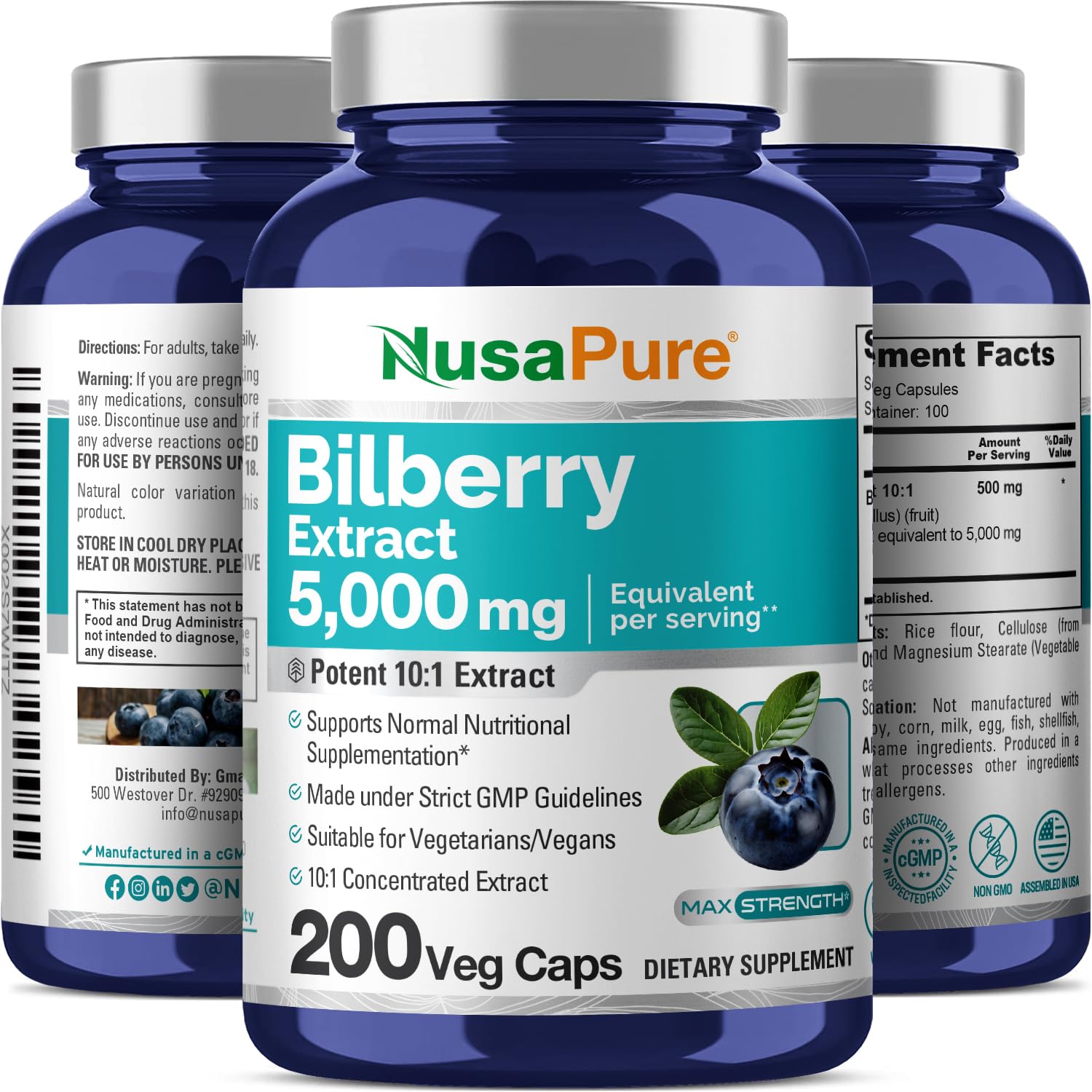NusaPure Bilberry Extract bottle manufactured in a USA facility