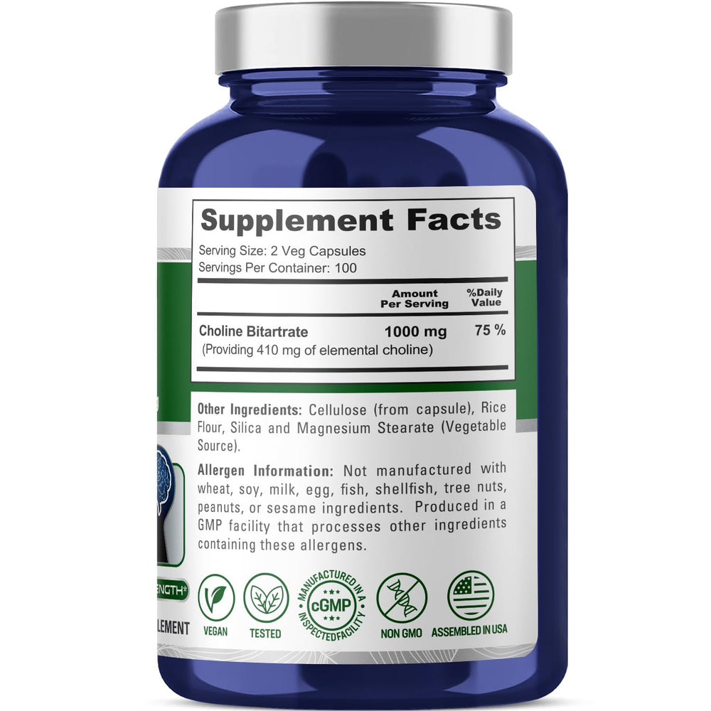 Close-up of NusaPure Choline Bitartrate capsules for easy dosing.