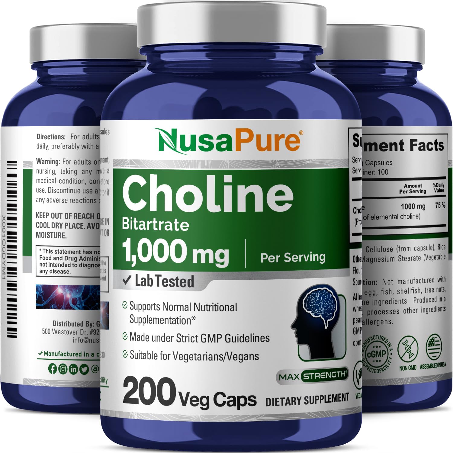 NusaPure Choline Bitartrate bottle on kitchen counter for daily routine.