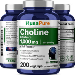 NusaPure Choline Bitartrate bottle on kitchen counter for daily routine.