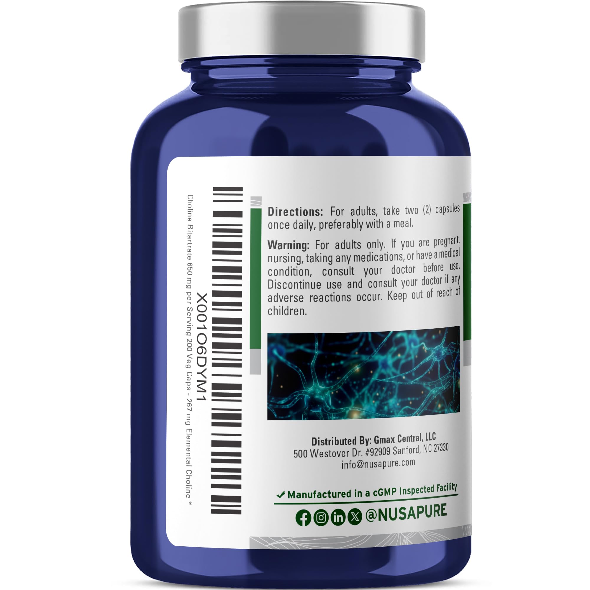 Label of NusaPure Choline Bitartrate showing vegan and non-GMO features