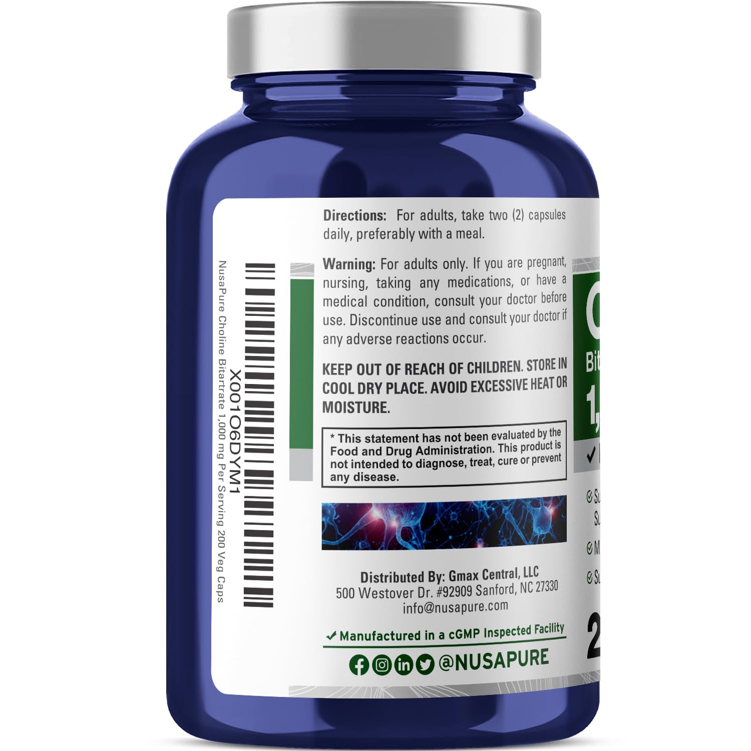 NusaPure Choline Bitartrate vegan-friendly label highlighting vegetarian formula.