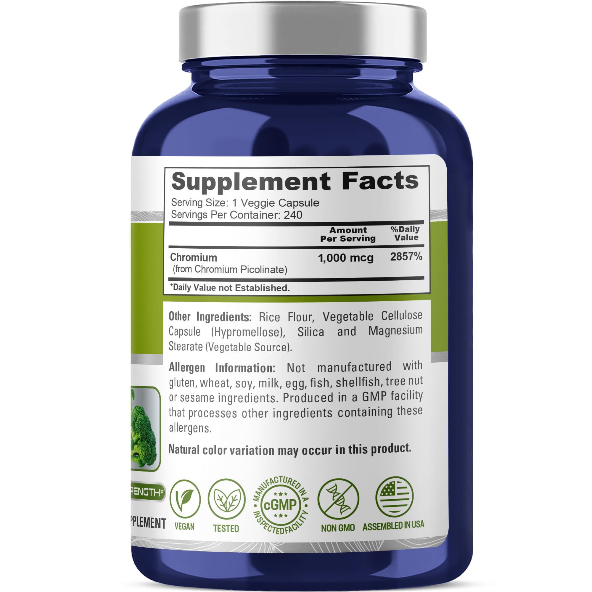 NusaPure Chromium Picolinate capsules close-up for convenient daily use.