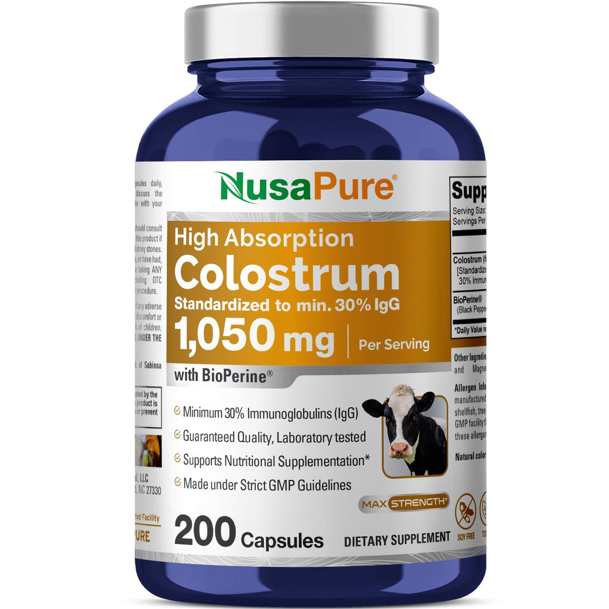 NusaPure Colostrum 1050mg bottle close-up highlighting high absorption formula for daily routine