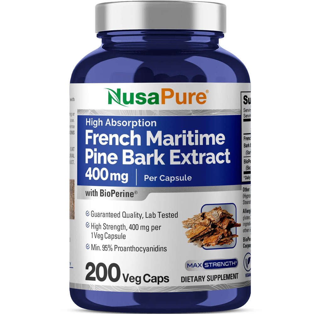 NusaPure pine bark extract capsules displayed in a bottle for vegan daily wellness.