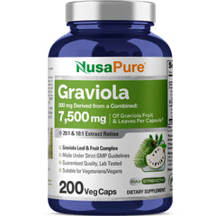 NusaPure Graviola bottle front shows a vegan supplement for daily wellness.