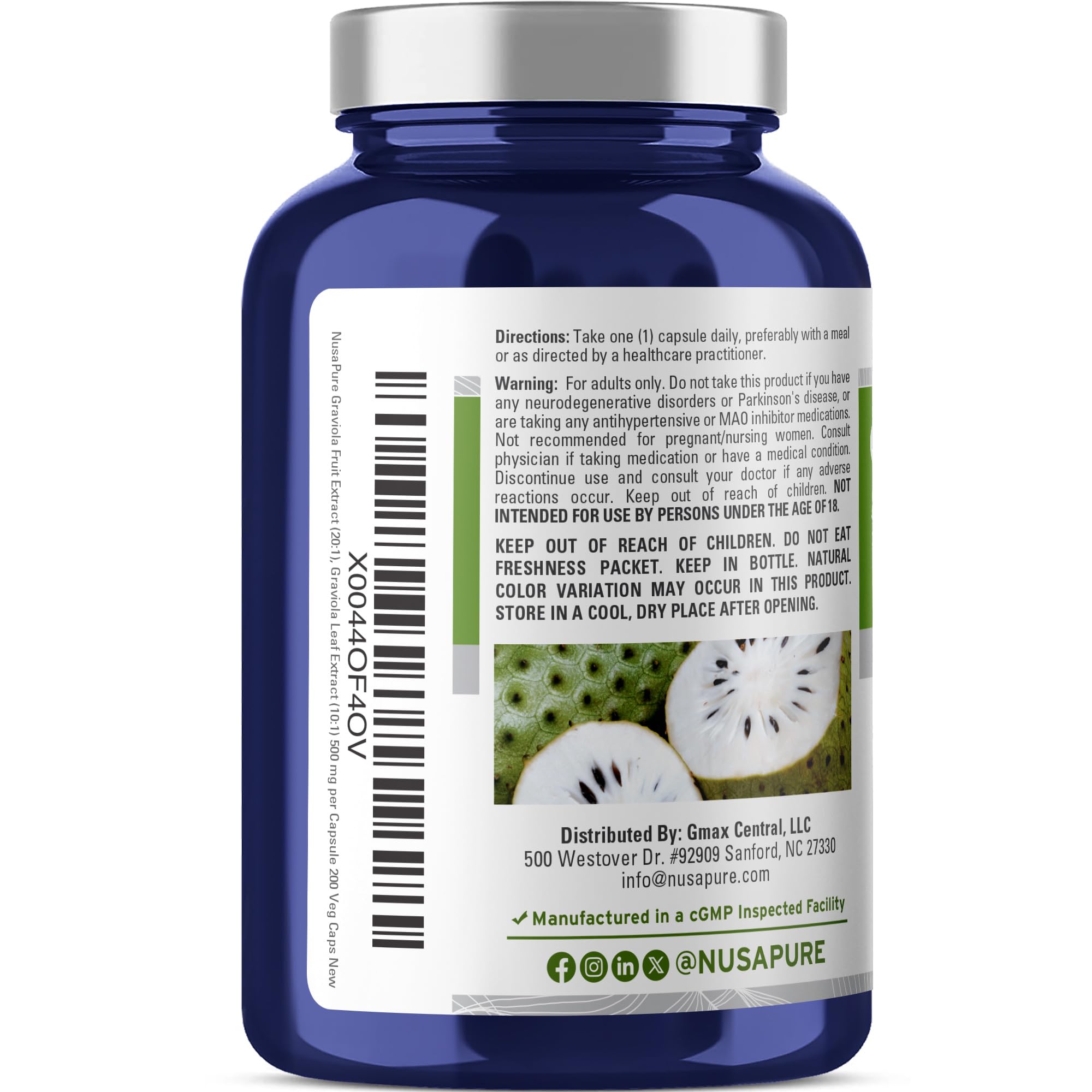 NusaPure Graviola capsules pack emphasizes a 200-day vegan supply.