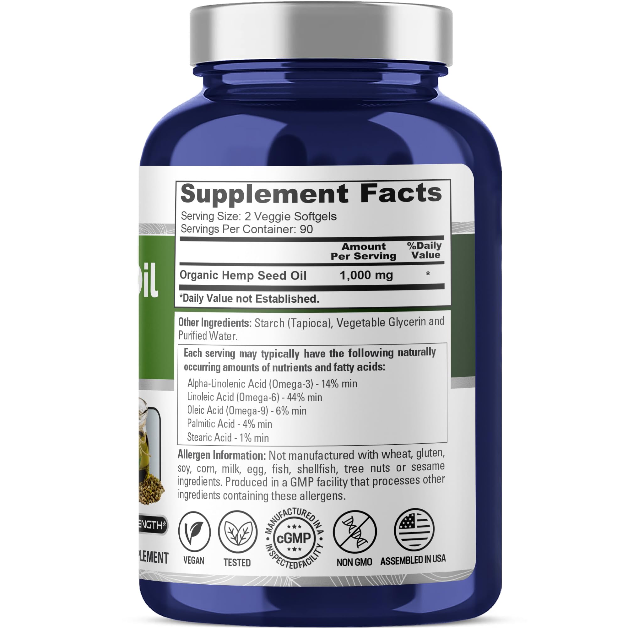 NusaPure Hemp Oil bottle label with organic hemp seed oil and vegan formulation.