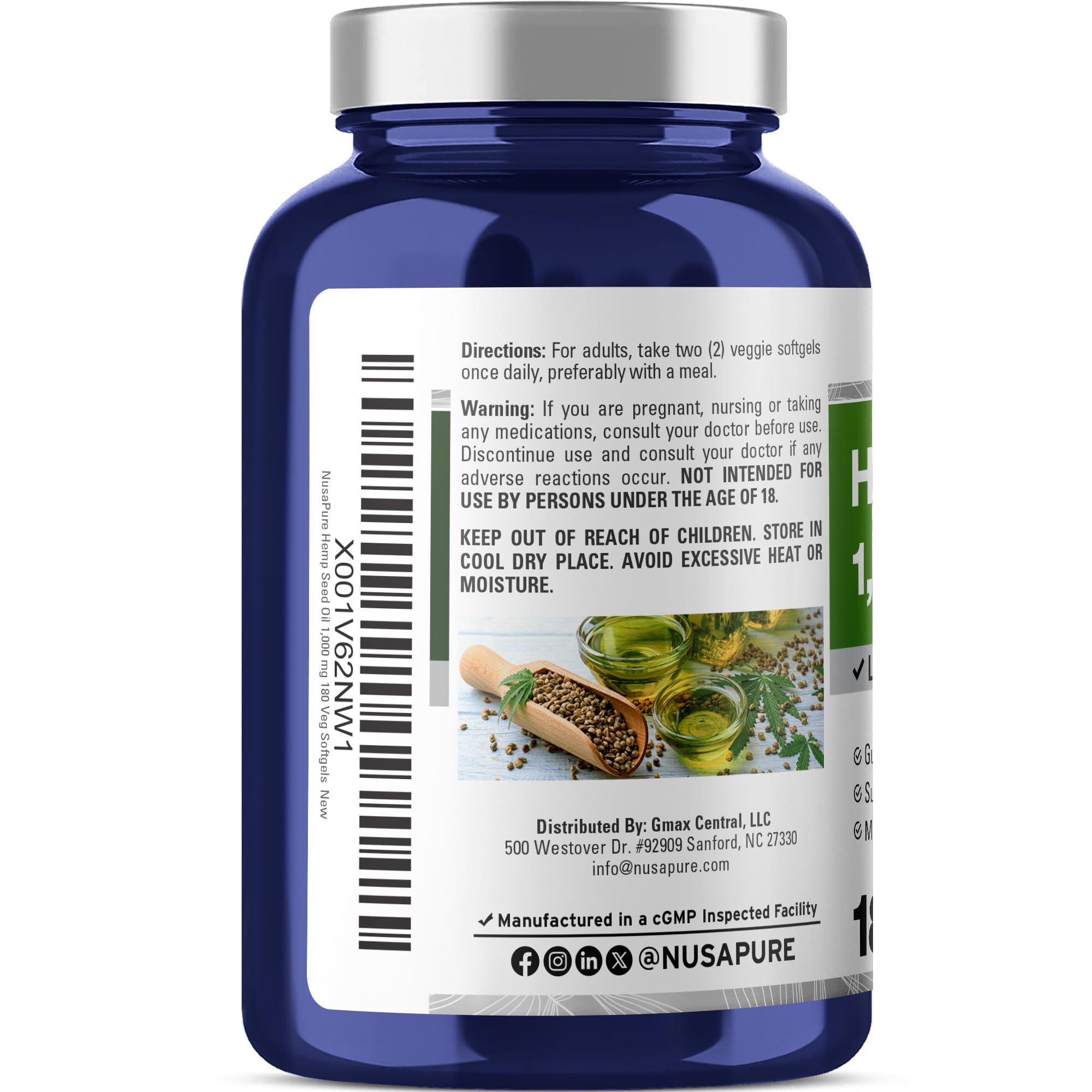 NusaPure Hemp Oil softgels closeup showing smooth texture.