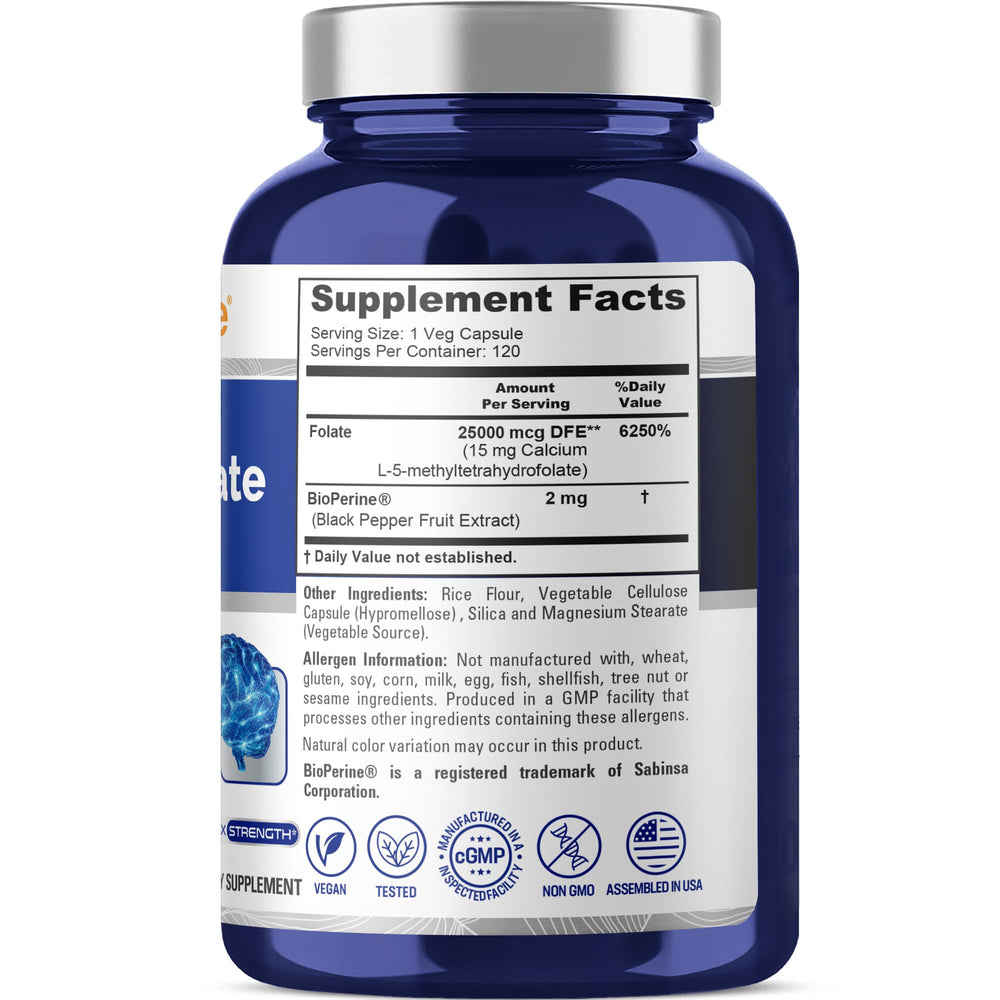 NusaPure L Methylfolate bottle back listing ingredients and vegan-friendly labeling.