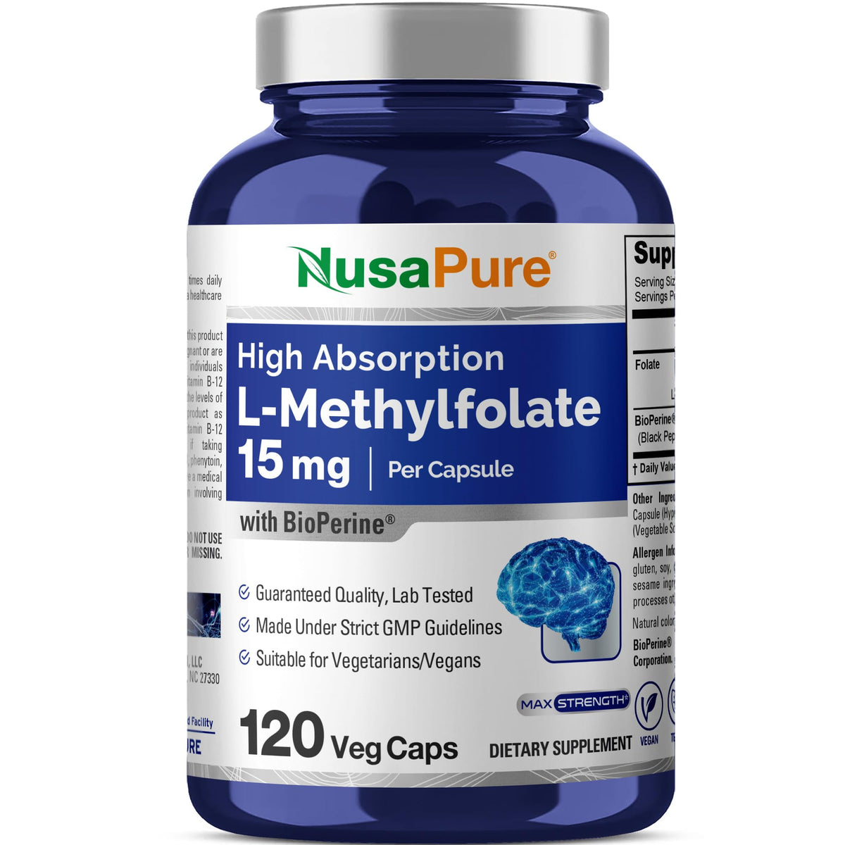 NusaPure L Methylfolate bottle front highlighting 15 mg capsules and Bioperine for enhanced absorption.