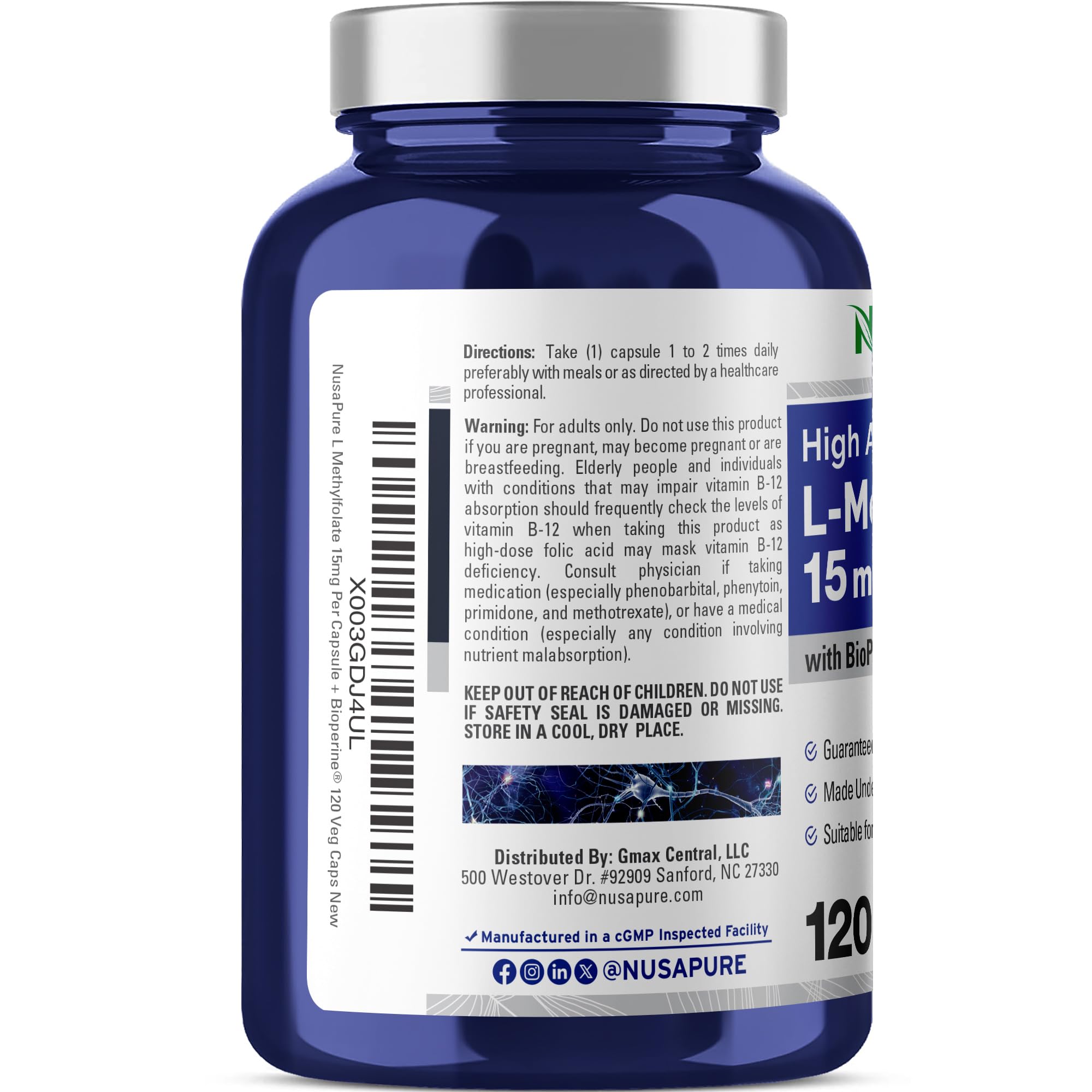 NusaPure L Methylfolate capsules closeup reveals veggie capsules and smooth texture.