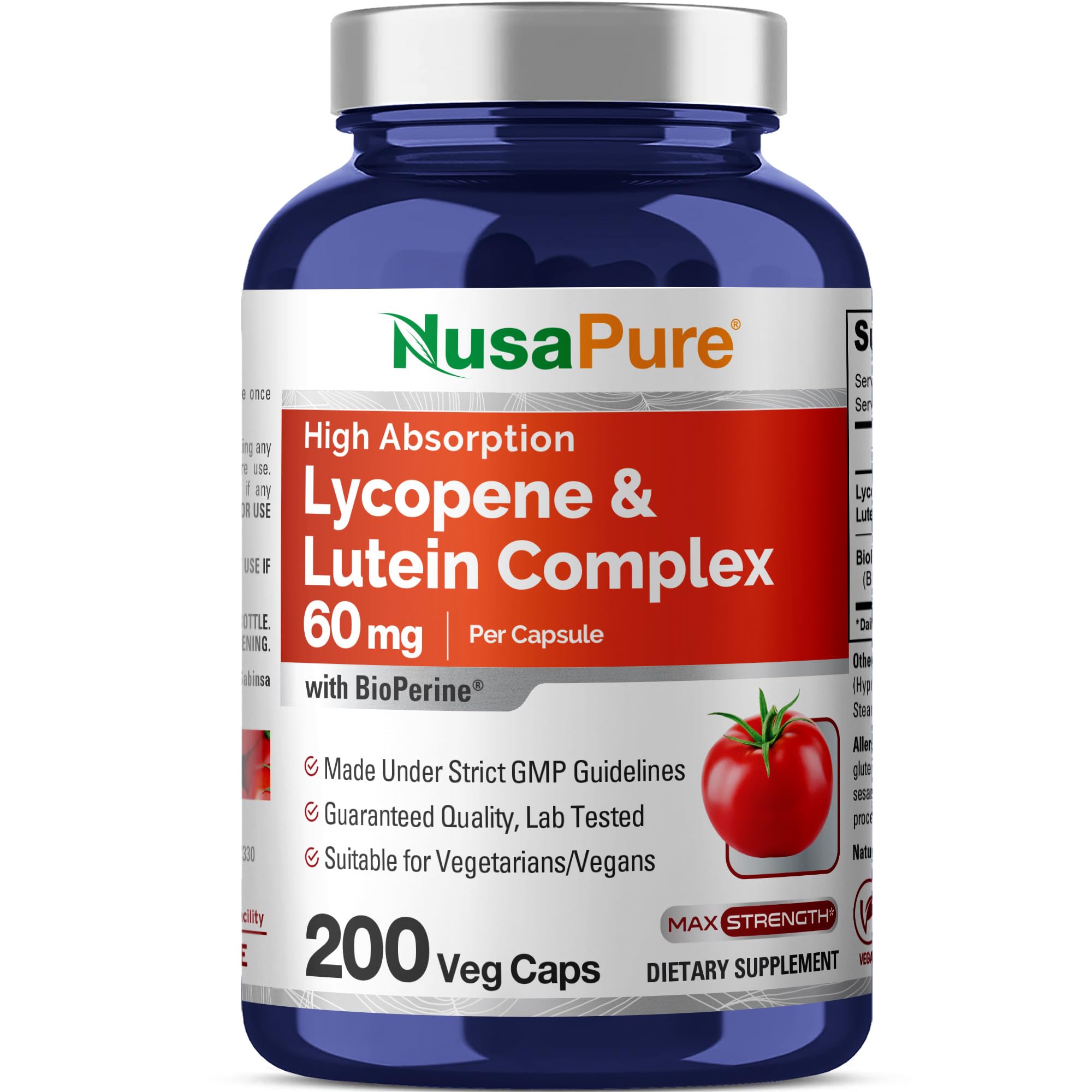 NusaPure Lycopene & Lutein Complex bottle front view for daily vegan supplementation.