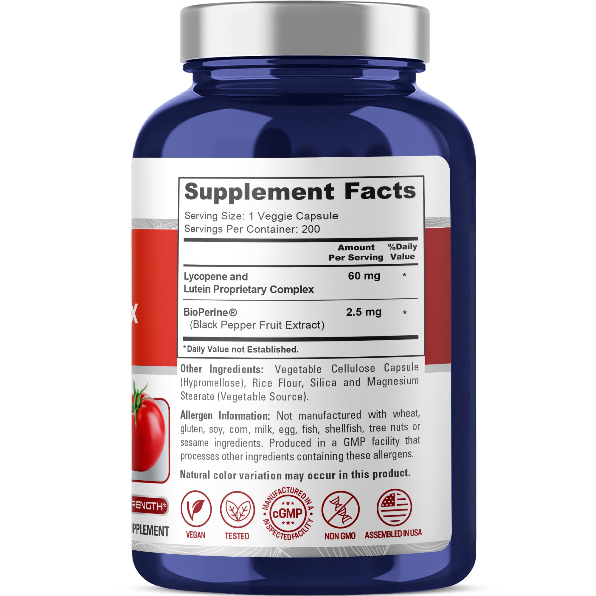 NusaPure Lycopene & Lutein Complex bottle back label with ingredients and sourcing.