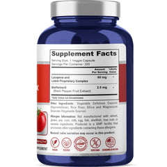 NusaPure Lycopene & Lutein Complex bottle back label with ingredients and sourcing.